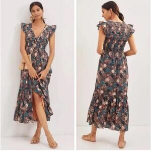 Anthropologie The Peregrine Patchwork Smocked Ruffle Midi Dress Size Large